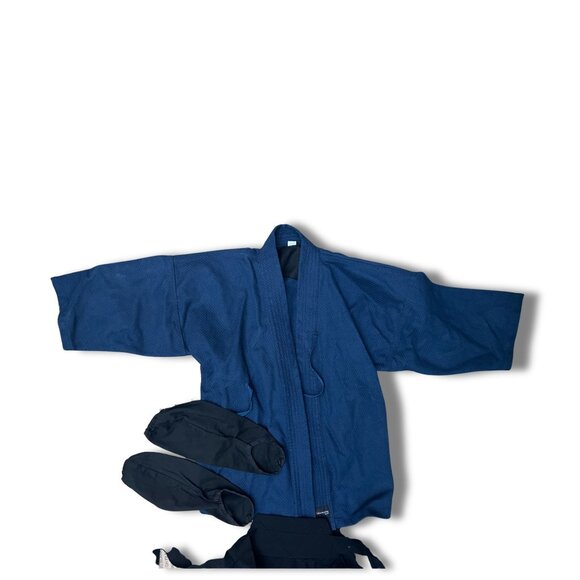 Samurai Halloween Costume Set With Blue Kimono Black Hakama Pants Tabi Socks & S - Picture 4 of 9